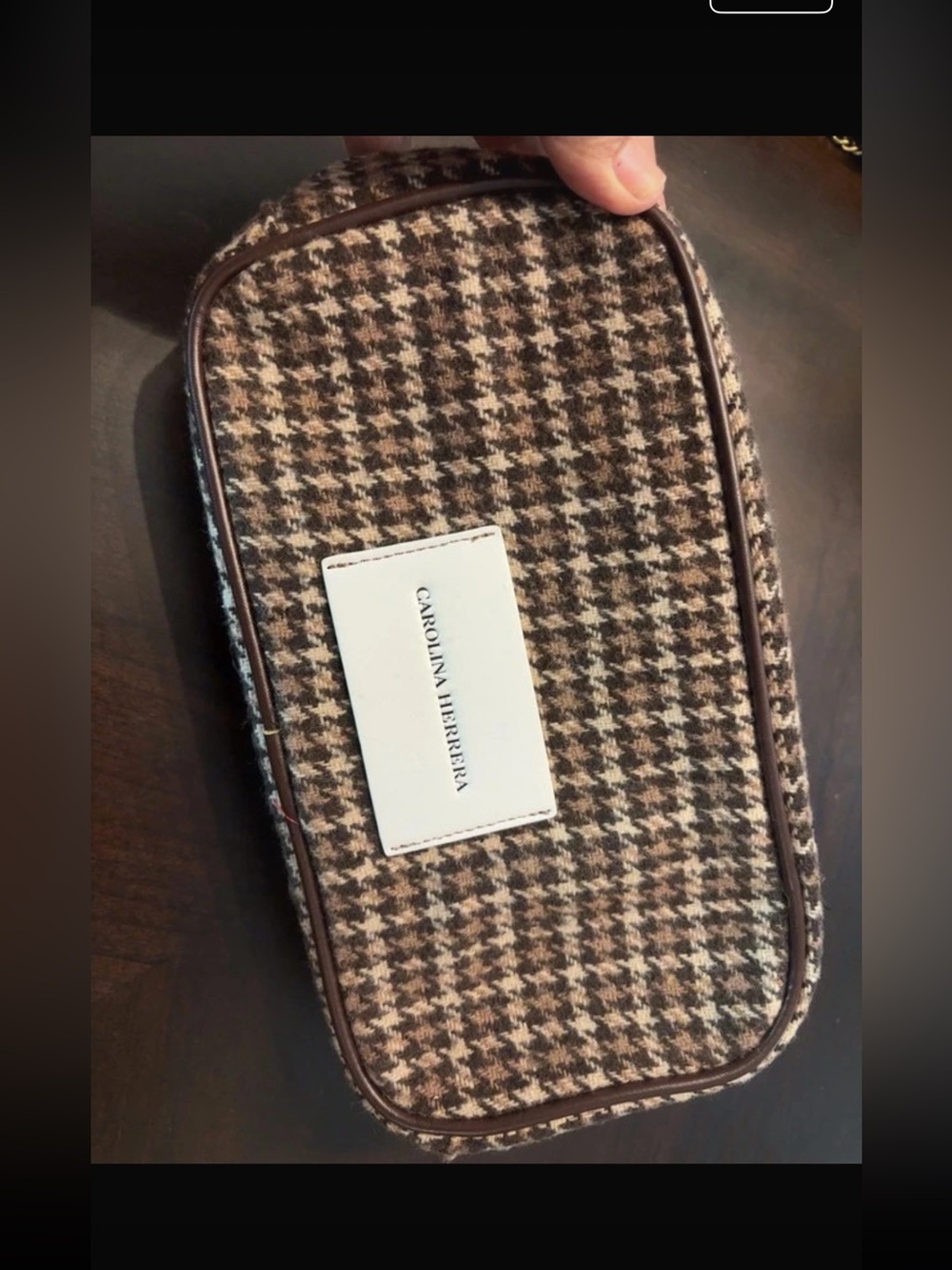 Carolina Herrera Brown Houndstooth Toiletry Pouch with Leather Trim